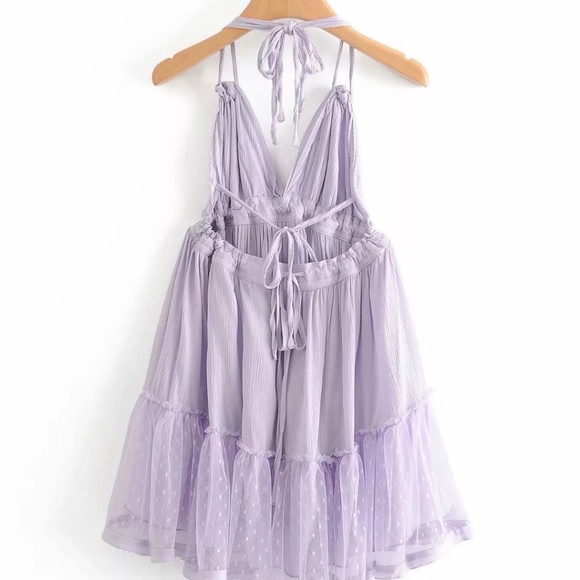 Lilac Layered Mesh Skirt Backless Halter Boho Beach Mini Dress - Picture 9 of 16